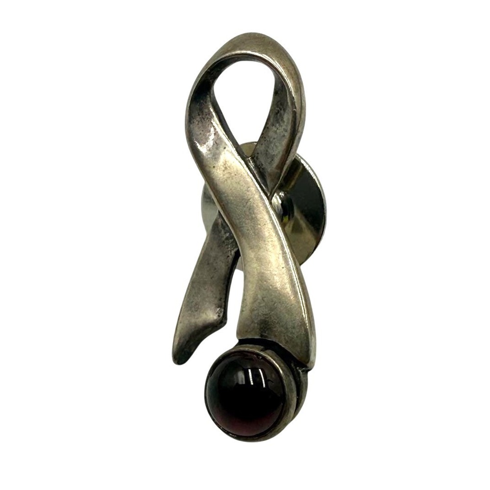 Vintage 925 Sterling Silver Garnet Awareness Ribbon Lapel Pin‎ Designer Signed
